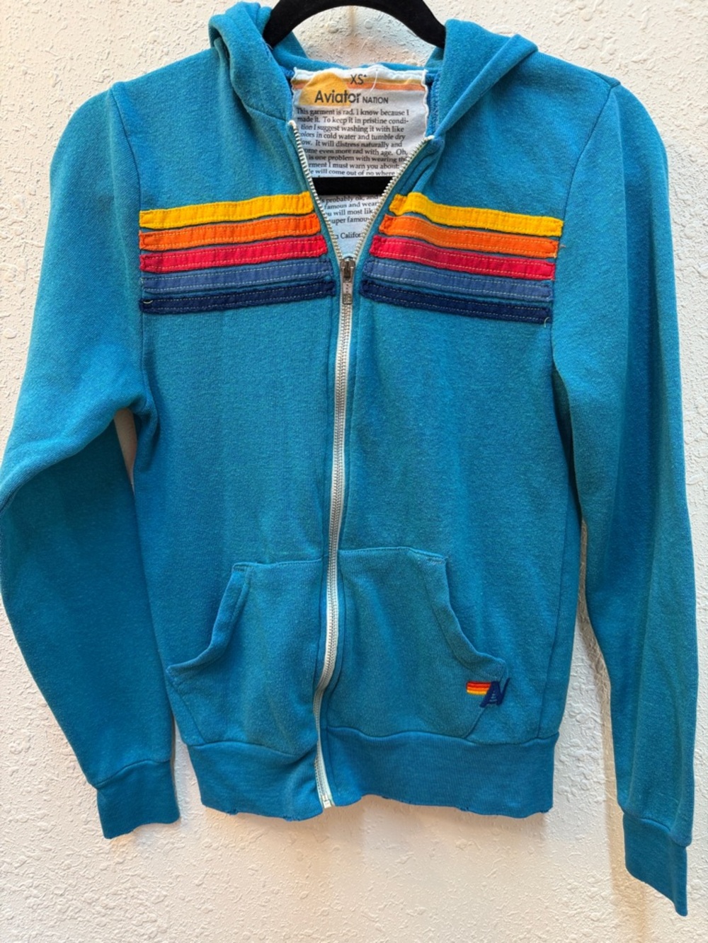 Aviator Nation Turquoise Hoodie with Rainbow Chest Stripes